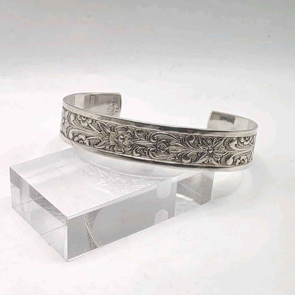 Lunt Vintage Art Nouveau Antique Style Sterling Silver Floral Cuff Bracelet 7"